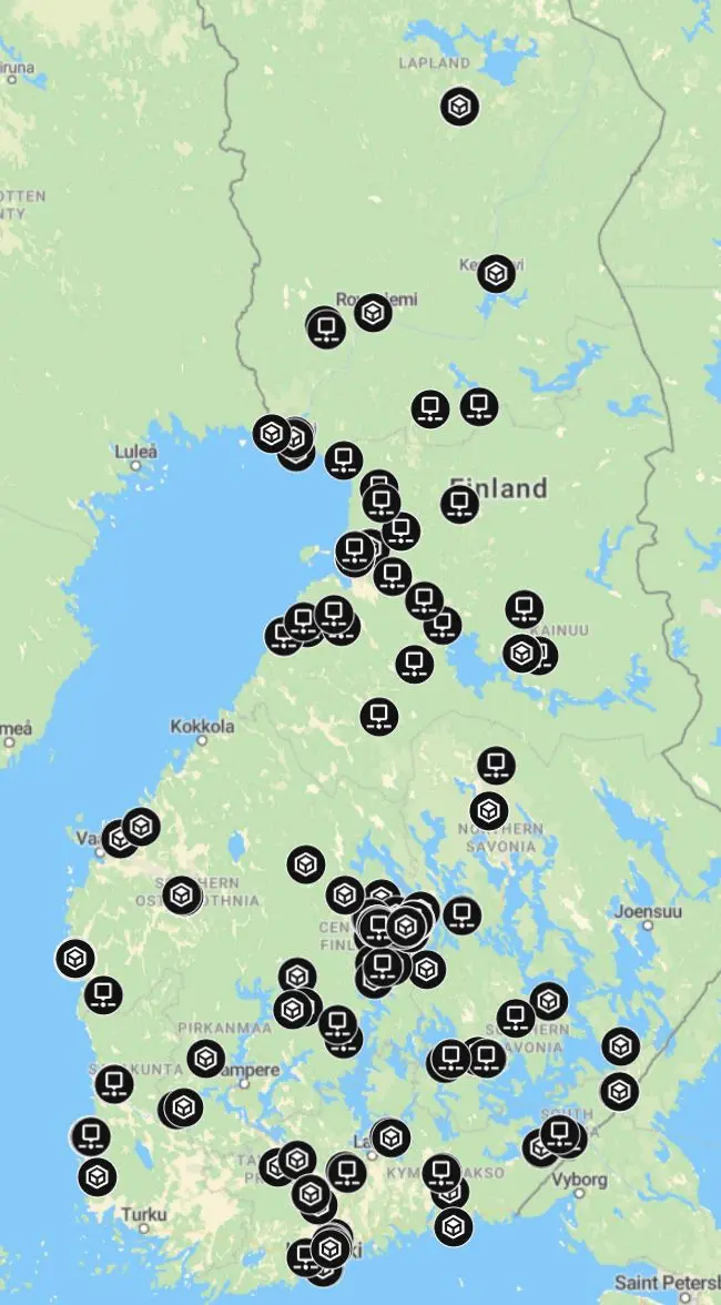Kartta Hytola Engineeringin kartoituskohteista Suomessa vuosina 2017–2025
